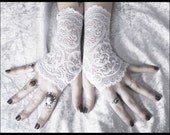 Vera Lace Fingerless Gloves - Snow White Embroidered Floral Paisley Scroll - Wedding Gothic Bohemian Bridal Belly Dance Romantic Fetish Goth