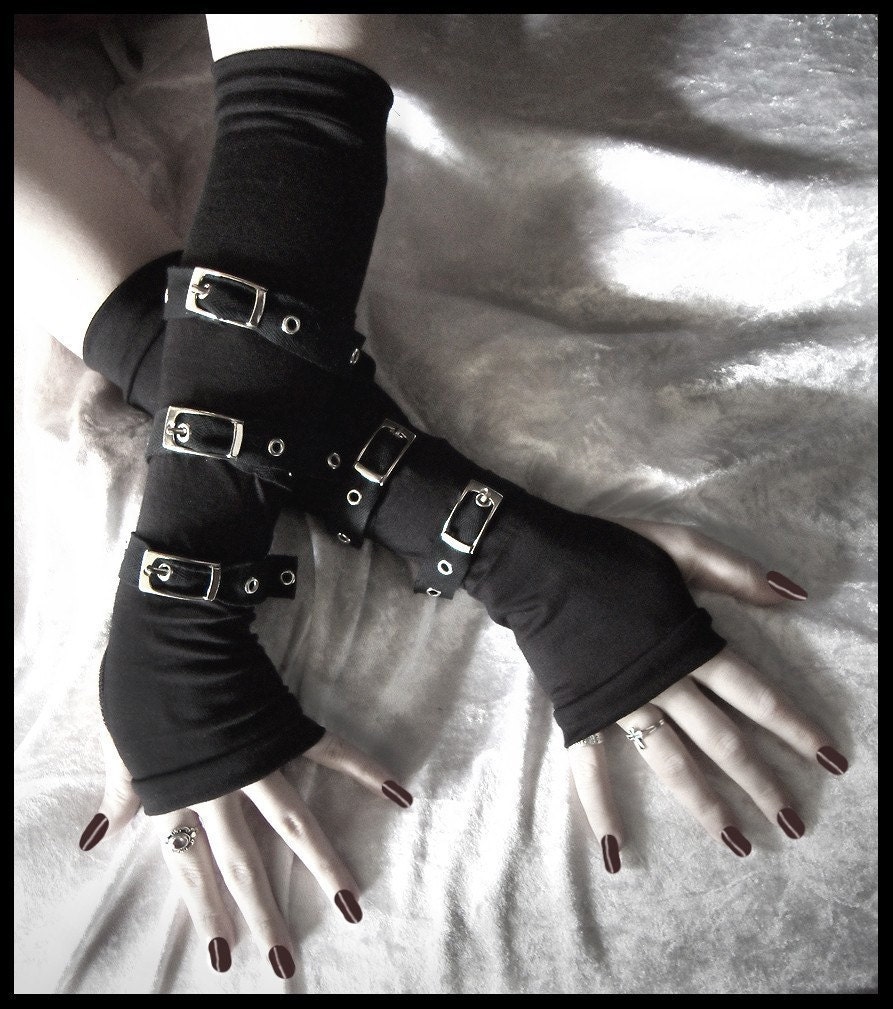 Contorted Angel Arm Warmers - Gothic Unisex Buckled Bondage - Black w/ Silver Metal Buckles - Rivet Head Visual Men Punk Dark Vampire Lolita