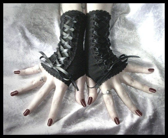 Bound Black Lolita Corset Style Fingerless Gloves Laced Up w/ Black Ribbon - EGL Kuro Wedding Belly Dance Dark Fusion Bellydance Emo Vampire