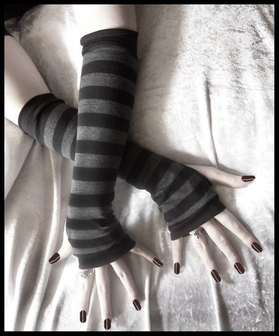Dusk And Her Embrace Arm Warmers - Dark Charcoal Grey & Black Stripes - Bellydance Chic Classic Bohemian Yoga Cycling Emo Vampire Light