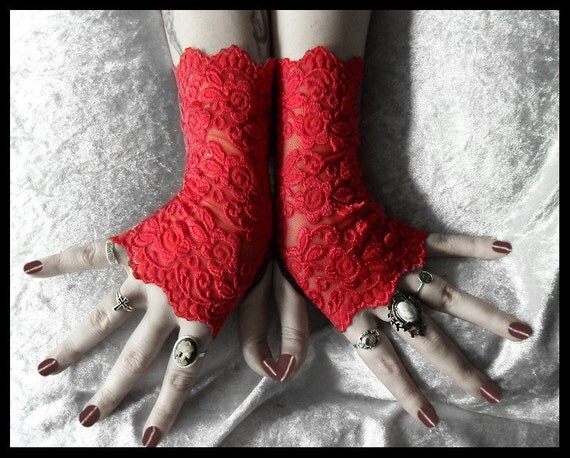 Moira Lace Fingerless Gloves - Bright True Red Embroidered Floral Roses - Gothic Cyber Vampire Regency Tribal Fetish Austen Wedding Romantic