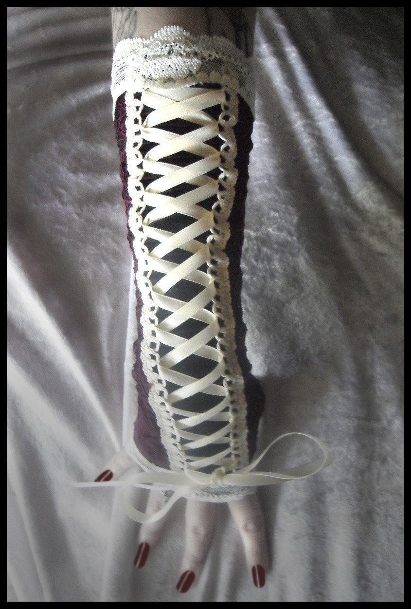 Of Mist And Midnight Skies Victorian Corset Laced Up Arm Warmers - Black Velvet - Deep Plum Maroon Lace - Ribbon - Vampire Gothic Wedding