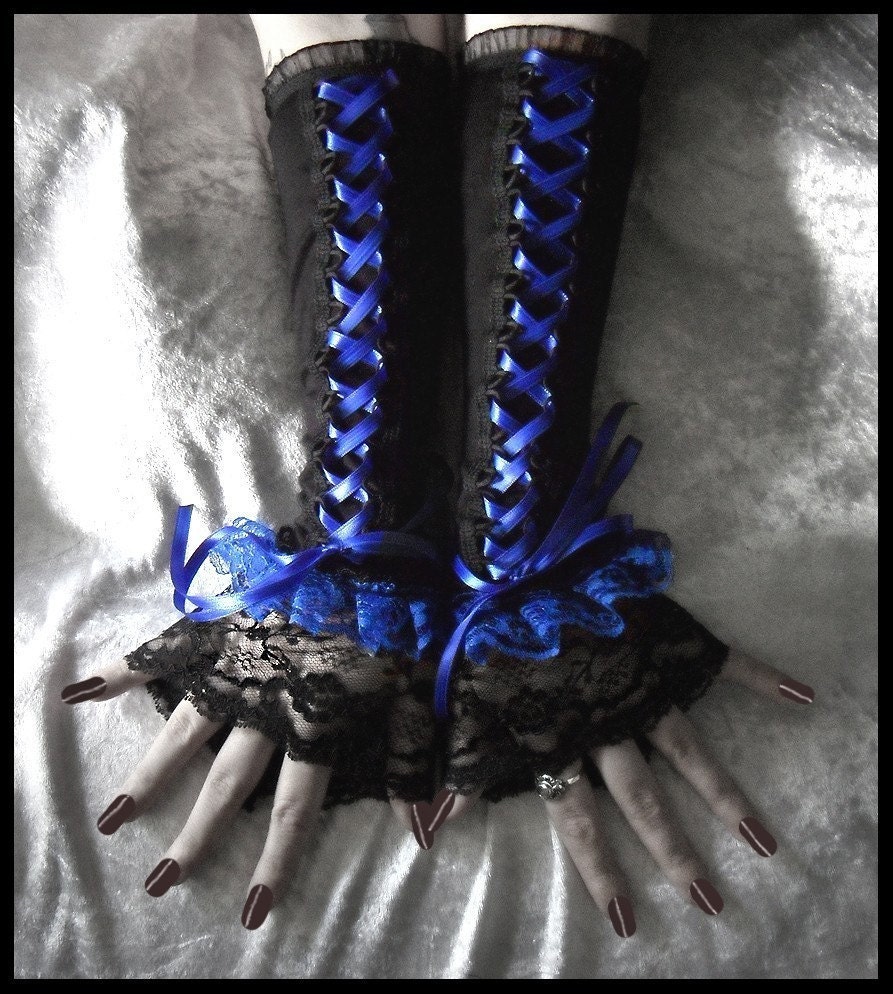 Shadow and Mirth Corset Laced Up Arm Warmers - Black - Bright Royal Blue Ribbon & Ruffled Lace - Lolita Vampire Wedding Dark Emo Rococo EGL
