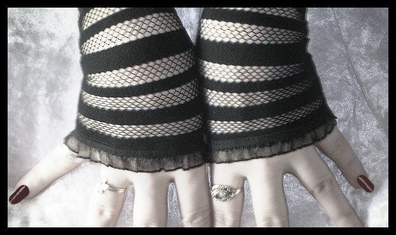 Jezabel Jane Lace Arm Warmers - Black Fishnet w/ Opaque Stripes - Vampire Lolita Belly Dance Dark Tribal Fusion Bellydance Burlesque Caberet