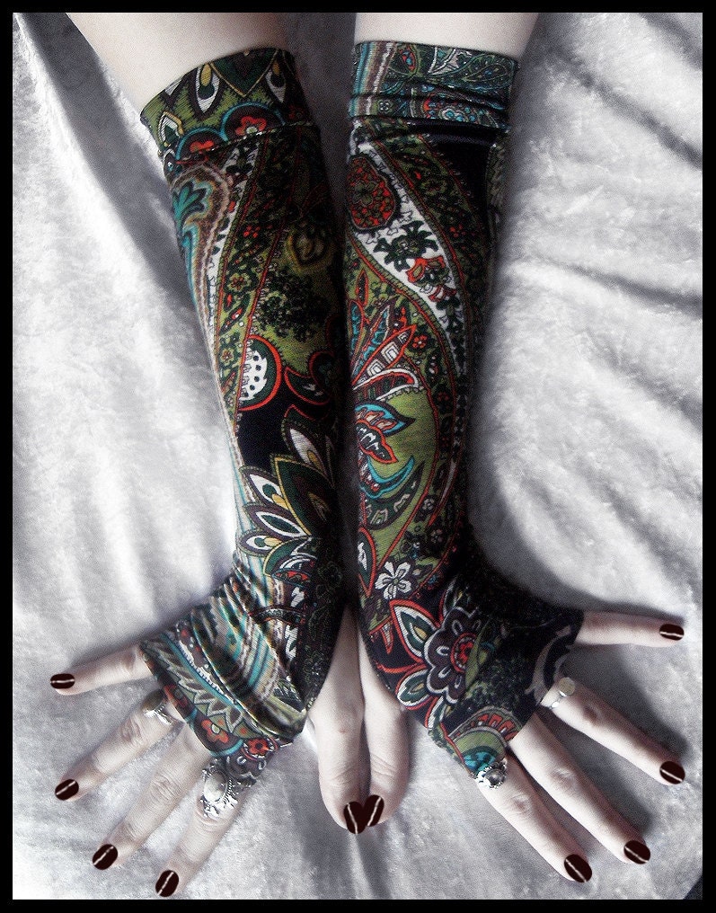 Caravan Arm Warmers - Black Moss Green Brown Cream Teal Jade Orange Floral Paisley Mandela - Yoga Gothic Dark Tribal Goth Vampire Gaia