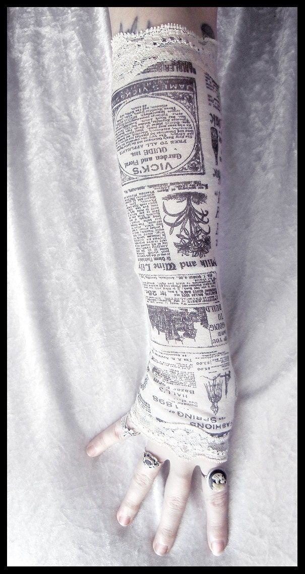 Gossip Society Arm Warmers - Victorian Newspaper Print - Ivory Cream Black & Lace - Gothic Steampunk Noir Yoga Romantic Lolita Goth Bohemian