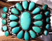 Old Pawn Native American sterling silver and turquoise cluster cuff bracelet