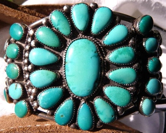 Old Pawn Native American sterling silver and turquoise cluster cuff bracelet