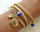 Evil Eye Protection Leather And Chain Bracelet With Tree Of Life And Hamsa