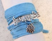 Hand Dyed Silk Ribbon Wrap Bracelet - Light Blue Balance Lotus Buddha Charm Yoga
