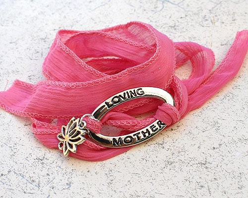Hand Dyed Silk Ribbon Wrap Bracelet - Pink Loving Mother And Lotus Charm