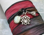 Hand Dyed Silk Ribbon Wrap Bracelet Navajo Trail Silver Lotus Buddha Pearl Yoga Jewelry