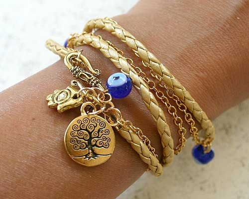 Evil Eye Protection Leather And Chain Bracelet With Tree Of Life And Hamsa