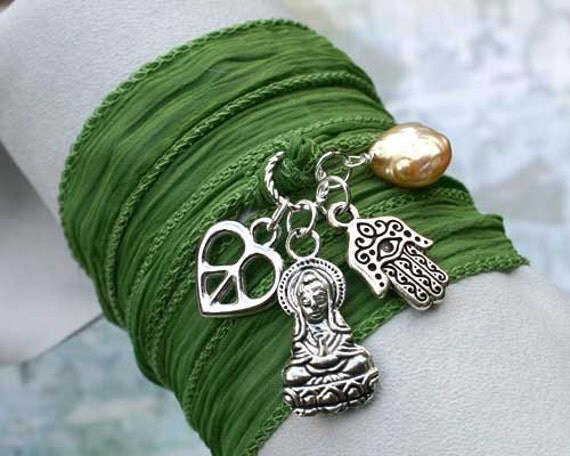 Hand Dyed Silk Ribbon Wrap Bracelet Green Silver Buddha, Hamsa, Peace Sign, Pearl Yoga Jewelry