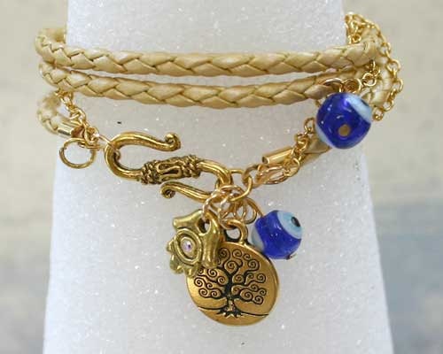 Evil Eye Protection Leather And Chain Bracelet With Tree Of Life And Hamsa