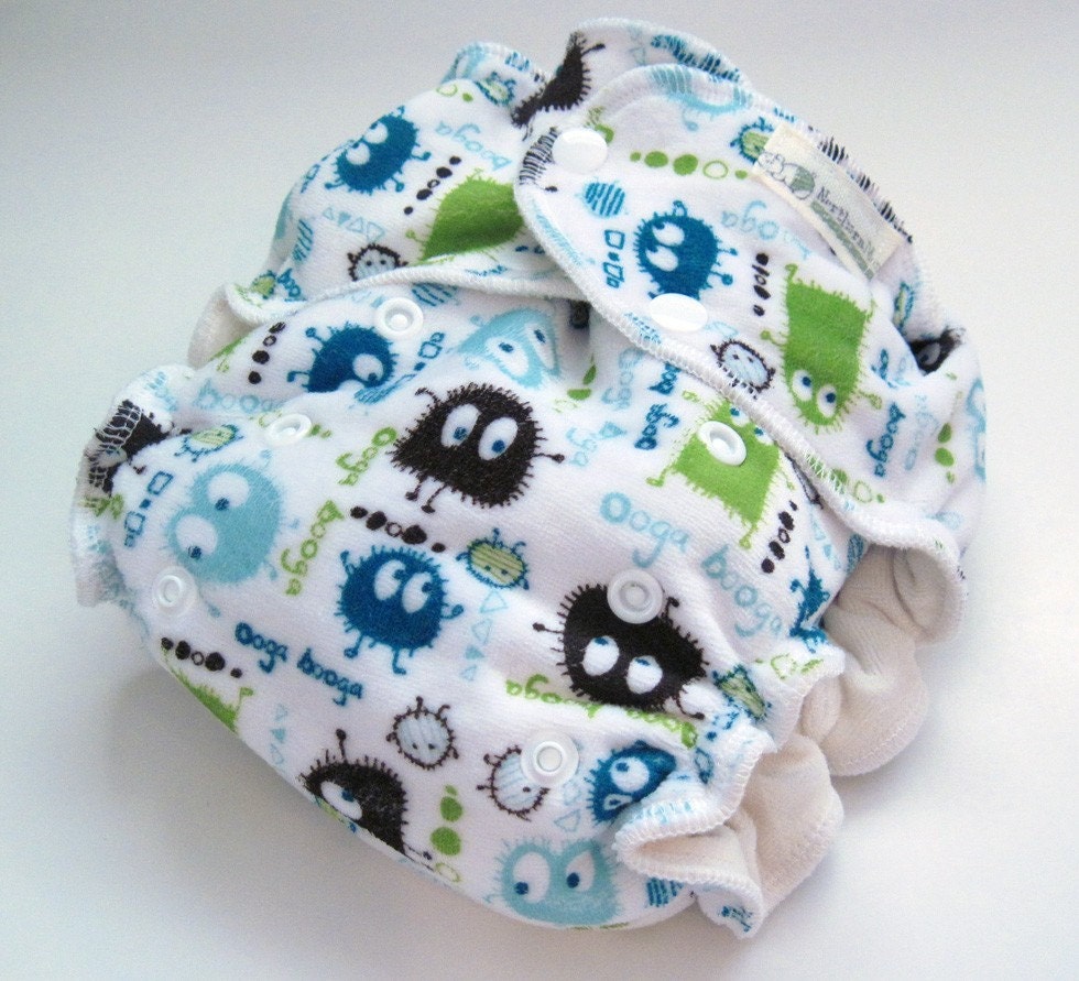 One Size Organic Bamboo Fleece Fitted Diaper with Cotton Velour Ooga Booga on White