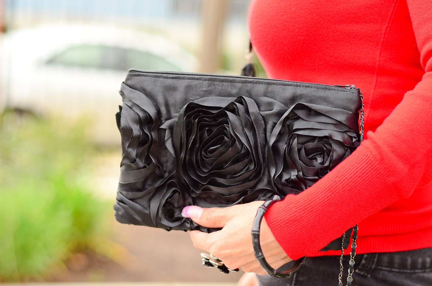 BLACK Clutch / Purse / Make Up Bag / Flower Covered / Evening Bag