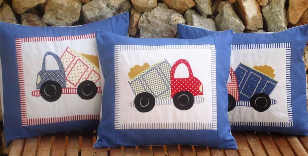 3  Pillows  appliqued embroidered - Trucks -  Kid's room Holiday Gift Boys Bedroom Decor