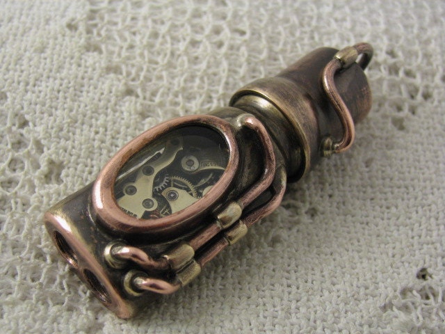 Steampunk USB flash drive with glowing glass windows. 16 GIG. Copper, brass, watch parts and glass. Waterproof.