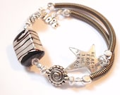 Memory Wire Bracelet with Square Silver and Black Foil Bead and Word Charms.
