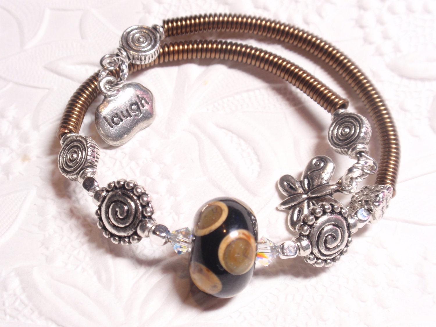 Black and Caramel Memory Wire Bracelet with Charms