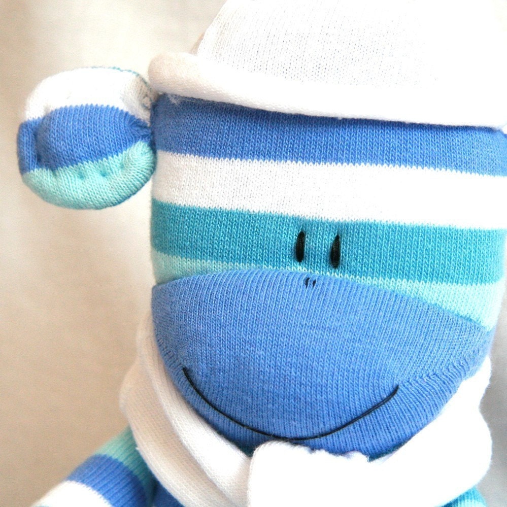 Sock Monkey Blue Stripes, Stuffed Animal, Doll, Baby Toys