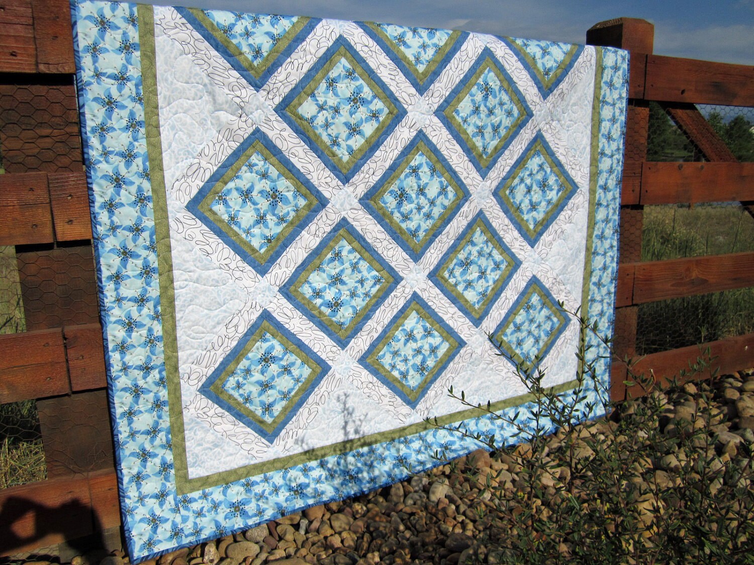 Patchwork Quilt Light Blue Floral, Handmade Quilt