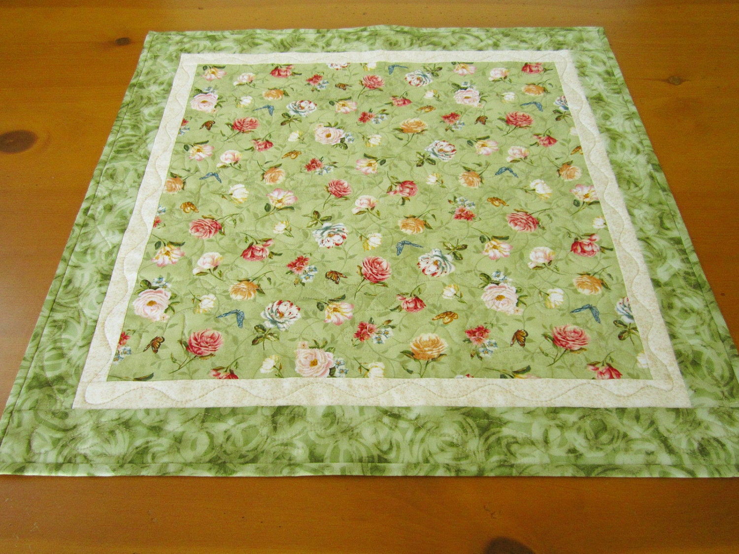 Green Floral Quilted Table Topper