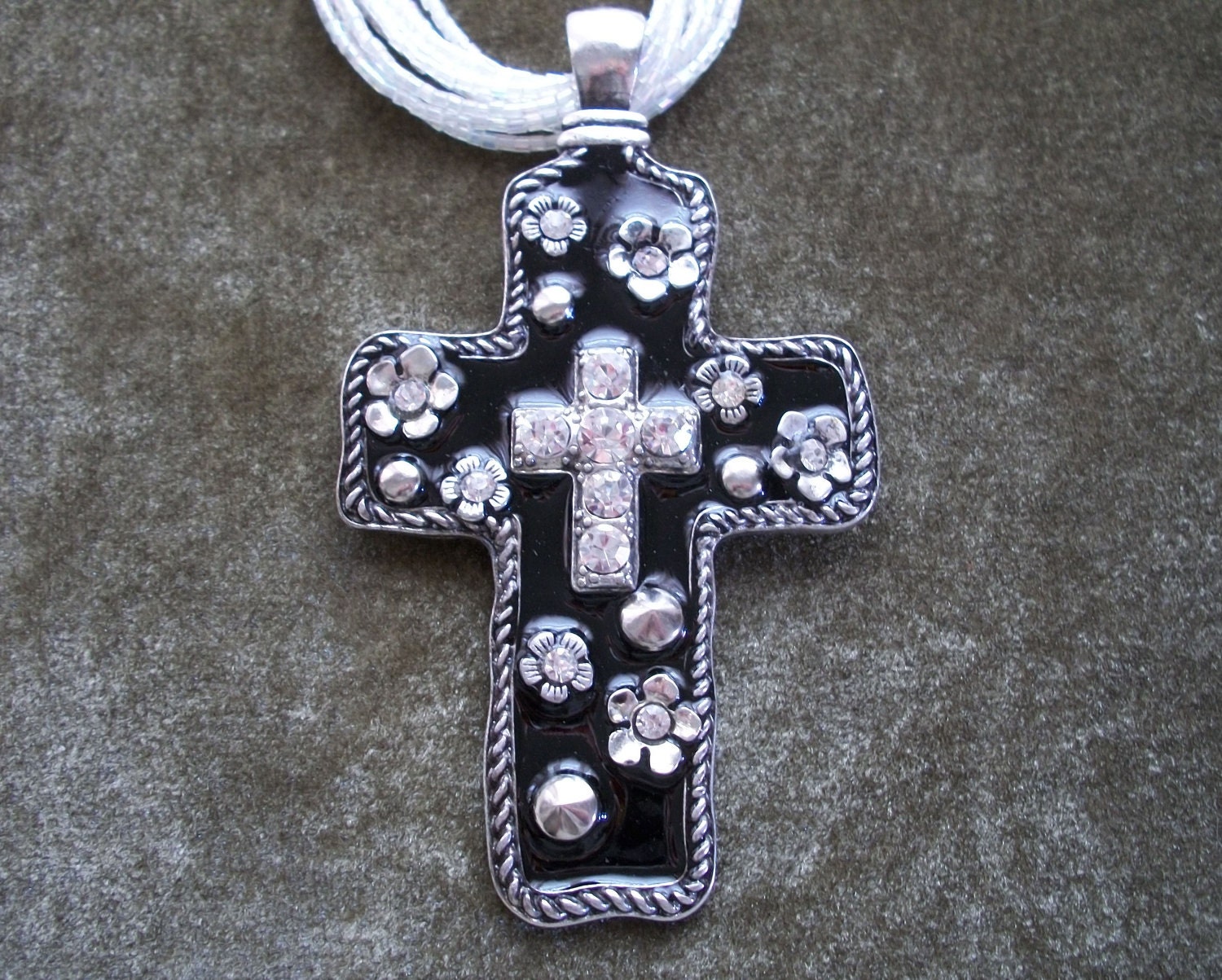 Easter, Large Black Cross, Seed Bead Necklace, Lots of Bling