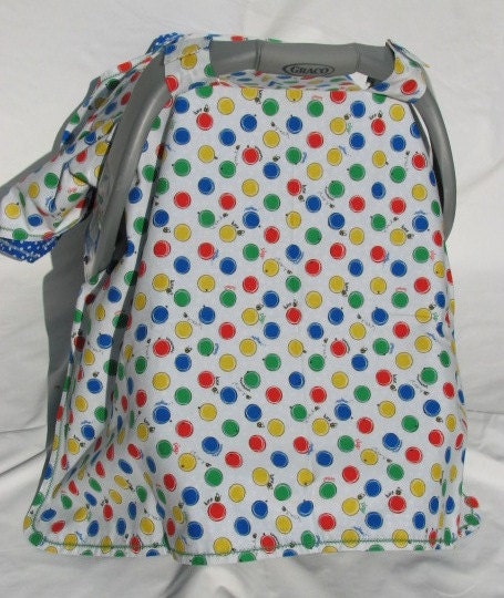 PRICE REDUCED - Car Seat Canopy/Cover in a Fun Buzzworthy Circle and Polka Dot print