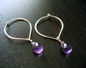 Sterling Silver Lotus Petal Hoops with Amethyst Drops - February Birthstone