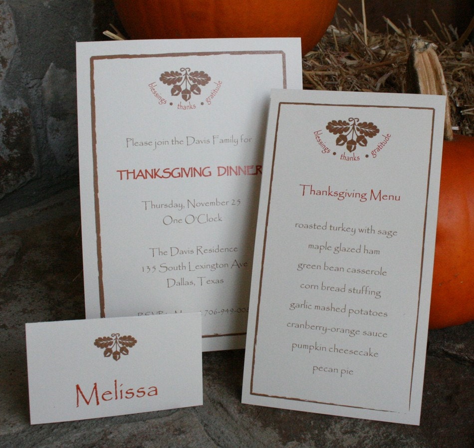 Fall Invitations, Menu Cards, Place Cards in Acorn and Leaves design - printed or digital