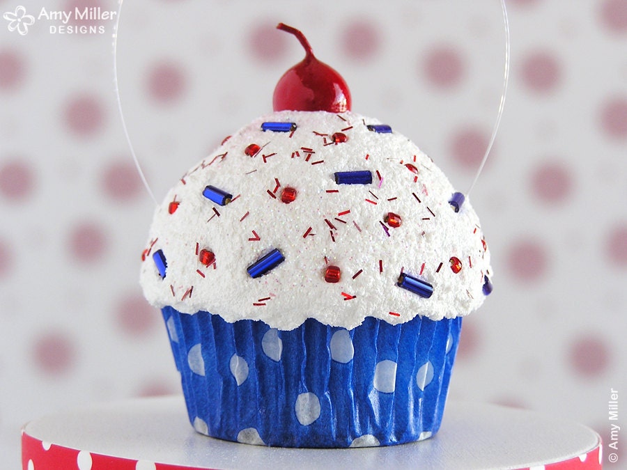 4th of July Mini Fake Cupcake Decoration Blue Polka Dot