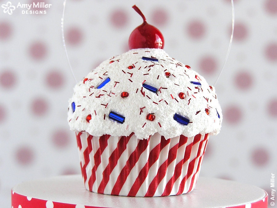 Red Stripe Mini Fake Cupcake Decoration - 4th of July