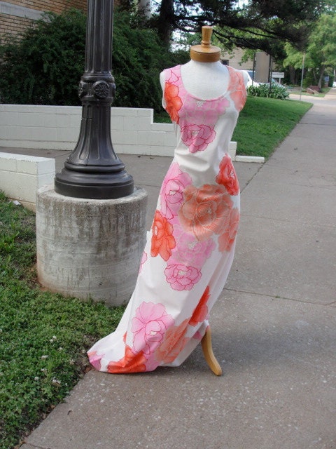 Quaaludes and Key Parties 1970s Tropical Floral  Dress and Top Set M/L Huge Pink and Orange Peony-type Flowers