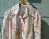 1960s 1970s Unique Perforated Pastel Psychedelic Button Up Blouse M/L/XL