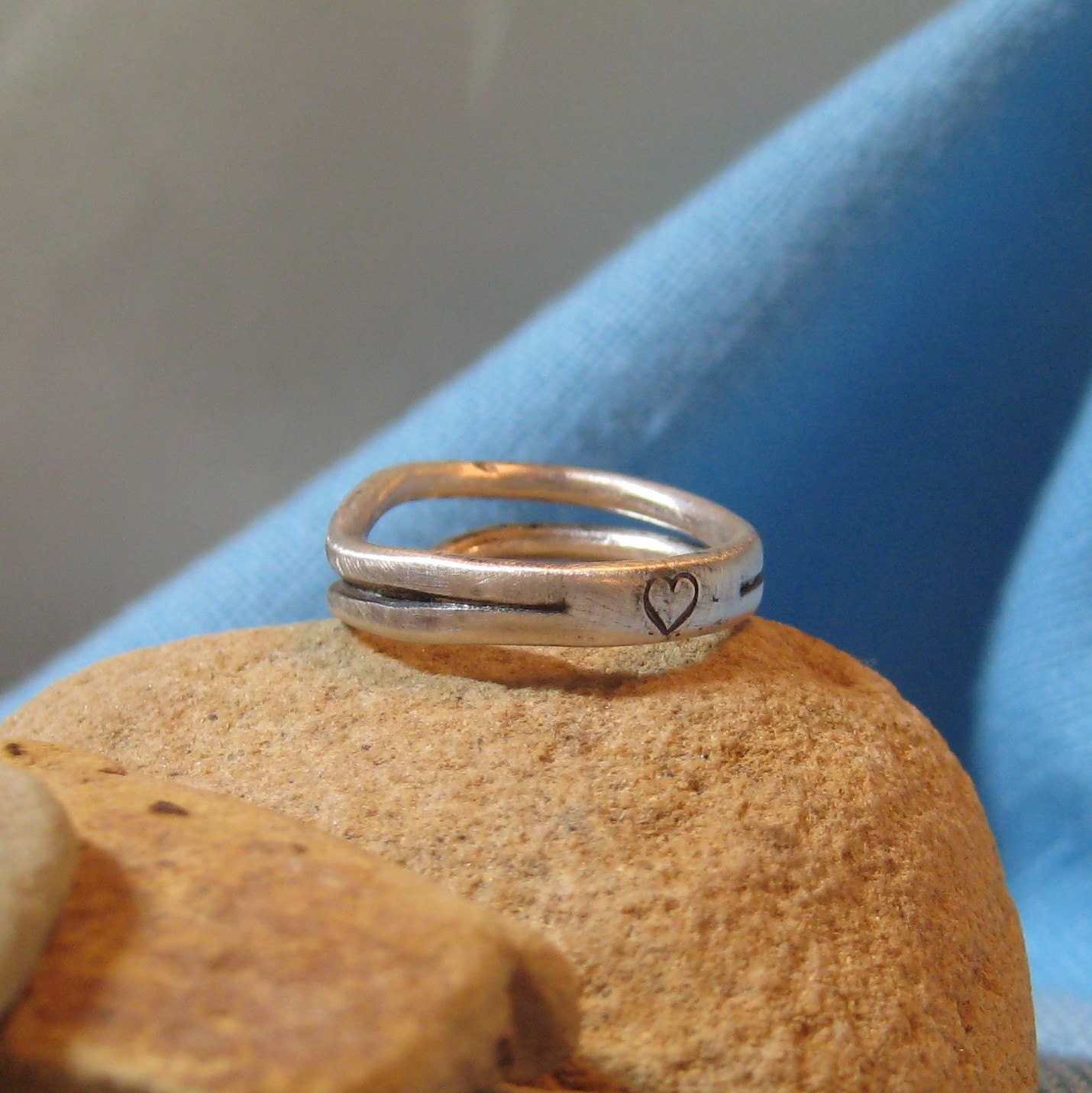 Commitment Ring Civil Union Wedding Ring Sterling Silver Stacking Bands Tiny Stamped Heart Oxidized Organic Fused Unisex JJDLJewelryArt