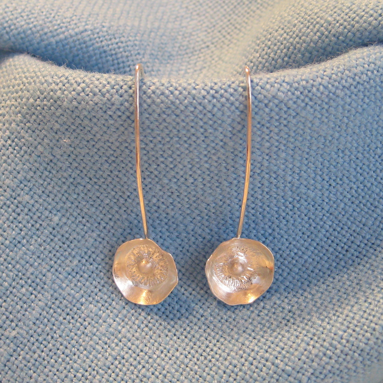 Flower Earring Wishbone Ear Wire Silver Long Dangle White Poppy  JJDLJewelryArt
