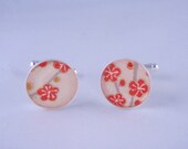 Ivory and Orange PlumBlossom Chiyogami Cufflinks 17mm diameter with a thick Protective Glossy Hand Poured coat of Polymer Resin