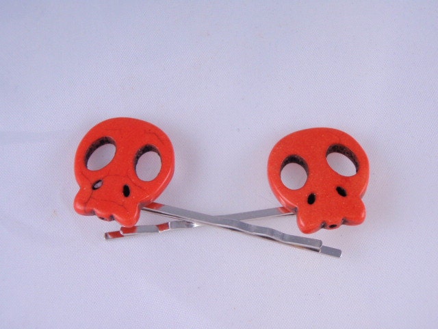 Orange - Mango -  Skull Bobby Pins- set of 2 - Funky unique and cute