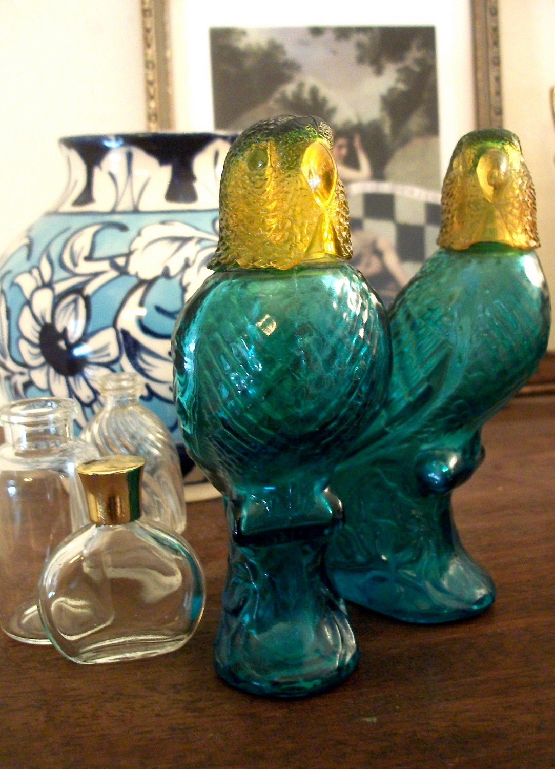 Pair of Vintage Avon Perfume Island Parakeet Bottles