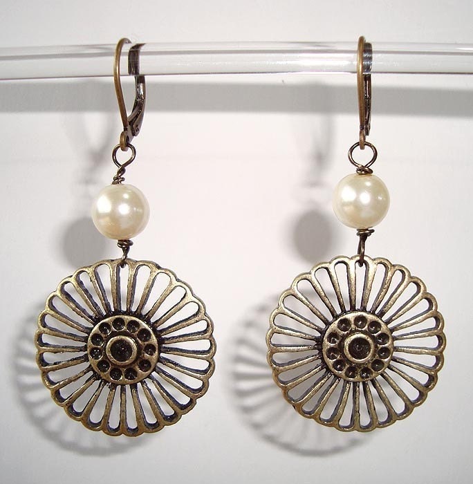 Antique Bronze Pinwheel and Pearls Earrings