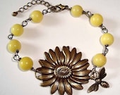 Bee Bracelet Yellow Sunflower or Daisy Flower and Bee Antique Bronze Bracelet