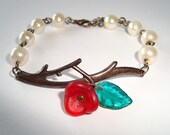 Branch Bracelet Red Flower and White Pearl Beads Branch Antique Style