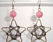 Pink Jade and Bronze Star Wire Wrapped Earrings