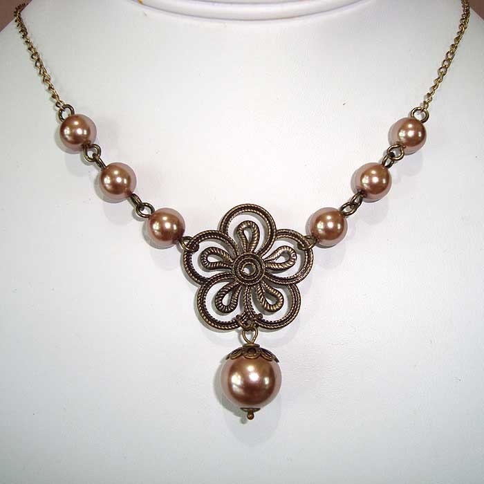 Antique Filigree Necklace Flower Necklace and Pearls Necklace