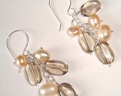 Fresh Water Pearl Earrings Smoky Quartz and Fresh Water Pearls Silver Earrings