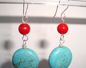 Turquoise Earrings and Red Coral Earrings Silver Dangle Earrings