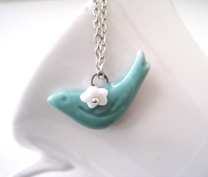 Porcelain Turquoise Green Bird Necklace