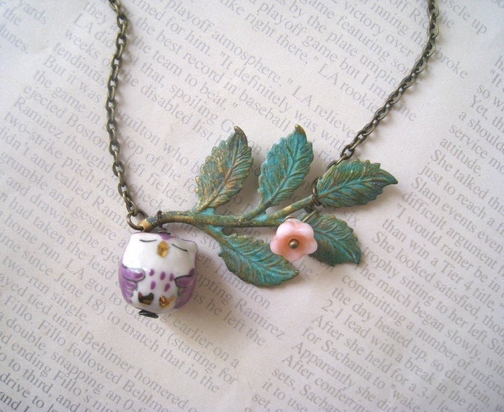 Verdigris Patina Leaf Branches with Sleepy Porcelain Owl Necklace